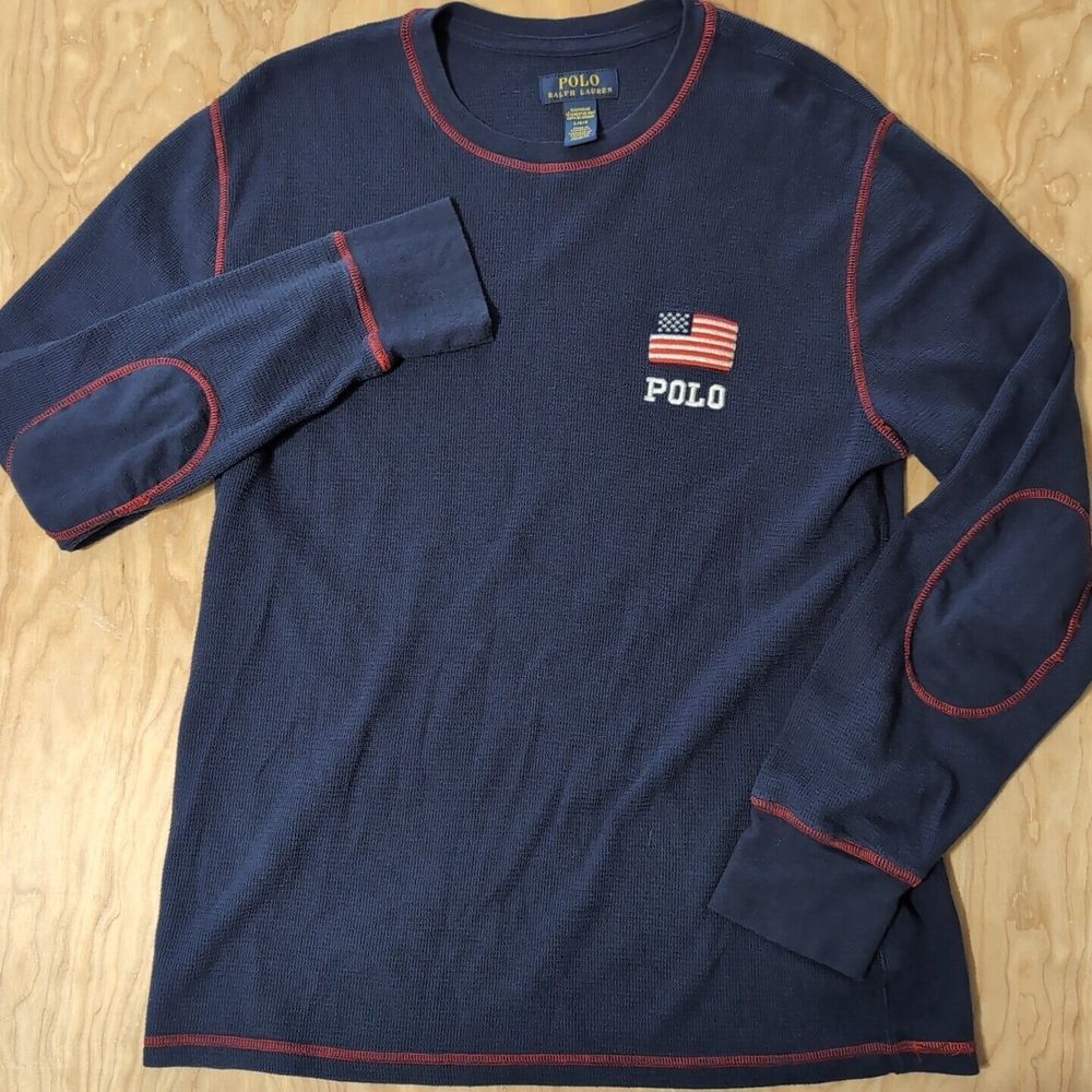 POLO RALPH LAUREN MENS L‎ SLEEPWEAR SHIRT WAFFLE KNIT USA FLAG POLO